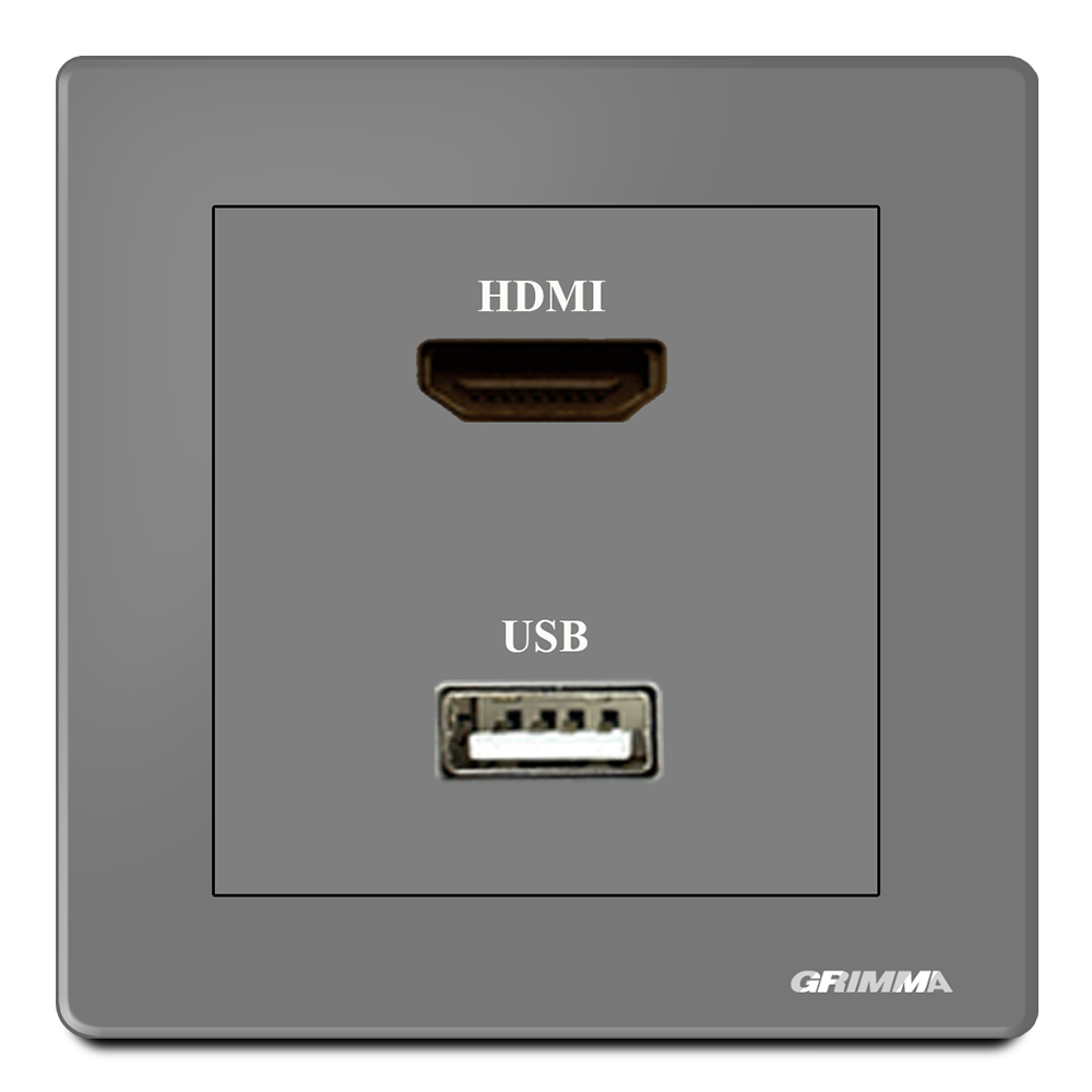Ổ cắm HDMI + USB, mặt kính cường lực, màu xám - Grimma G60HDMI