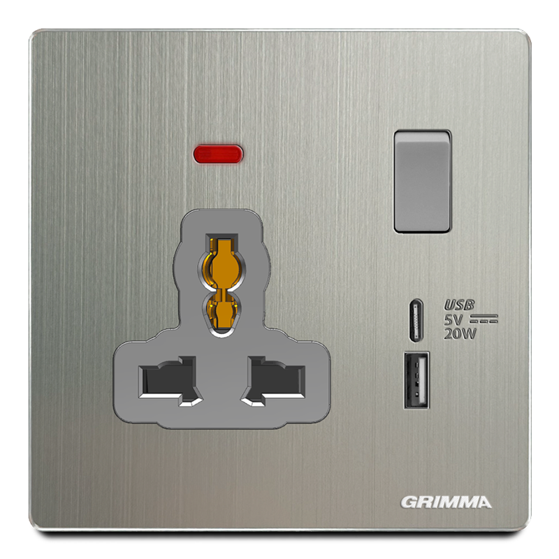 Ổ cắm 3 chấu có đèn báo + ổ cắm USB type C 20W, mặt nhôm, xám - Grimma G52USB