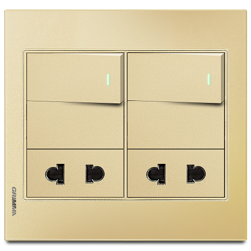 Bộ 3 công tắc 1 chiều và 2 ổ cắm 2 chấu Grimma, mặt kính cường lực vàng G6 series G6GLGK212SK2