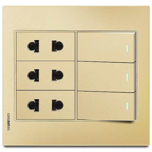 Bộ 3 công tắc 1 chiều và 3 ổ cắm 2 chấu Grimma, mặt kính cường lực G6 series G6GLGK313SK2
