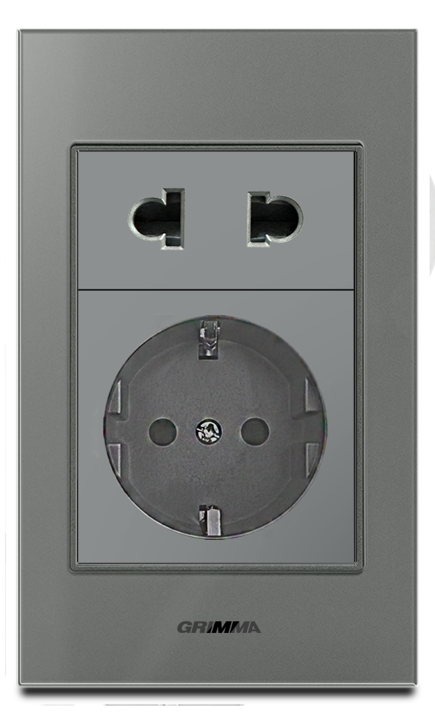 Bộ ổ cắm 2 chấu + ổ cắm tròn chuẩn Đức Grimma, mặt kính cường lực G6 series G6GLXSK2SC