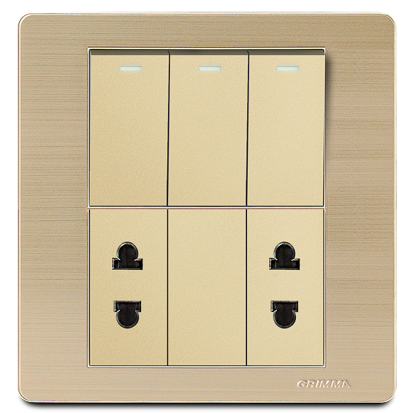 Bộ 3 công tắc 1 chiều và 2 ổ cắm 2 chấu Grimma, mặt thép không gỉ G7 series G7SGK312SK2