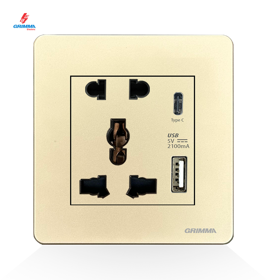 Bộ ổ cắm 2 chấu + 3 chấu + ổ cắm USB Grimma G3GSK23USB