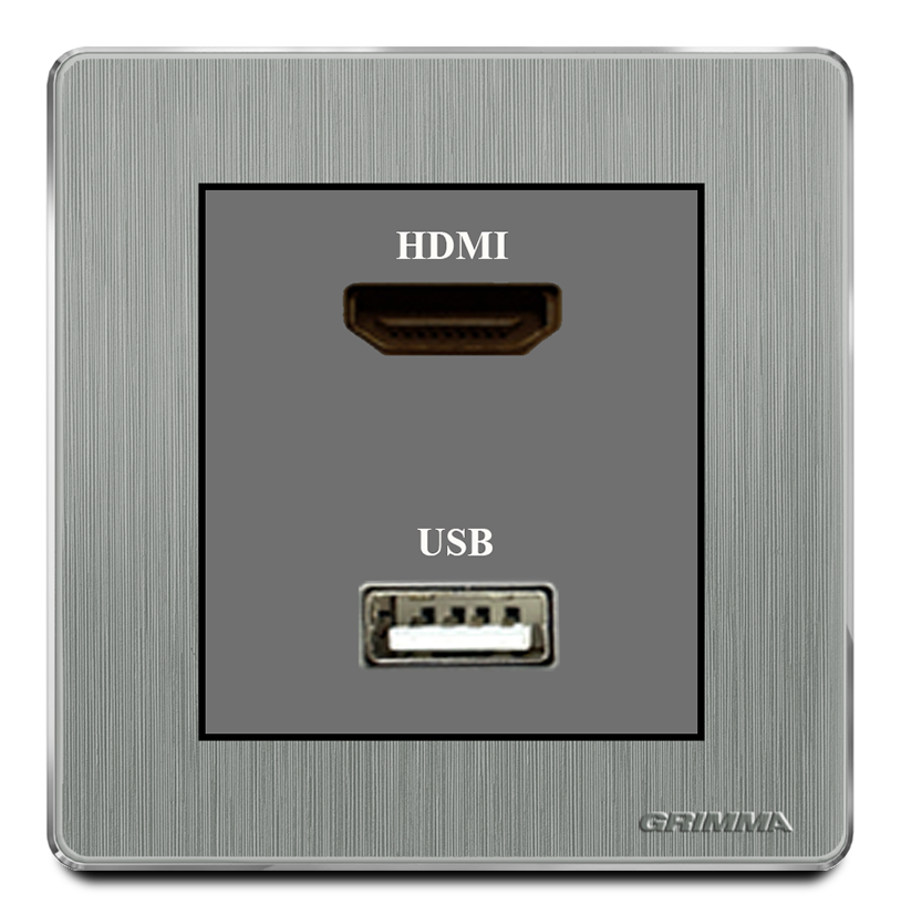 Bộ ổ cắm HDMI + USB mặt nhựa vân xước màu xám Grimma G20HDMI