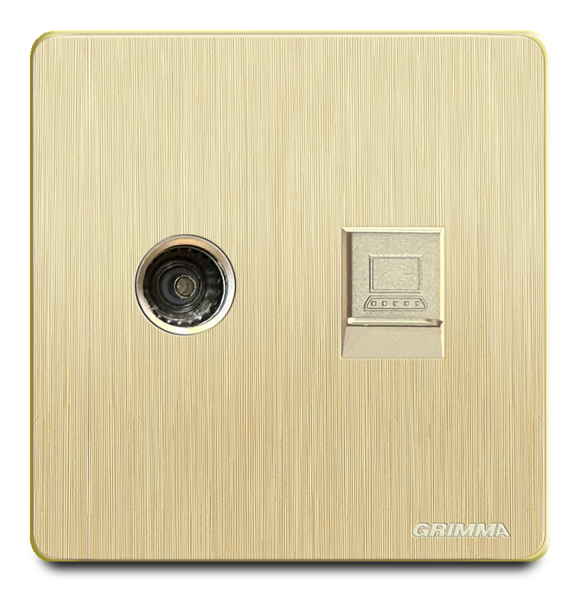 Bộ ổ cắm tivi + mạng mặt nhựa vân xước màu vàng Grimma G20GTVPC