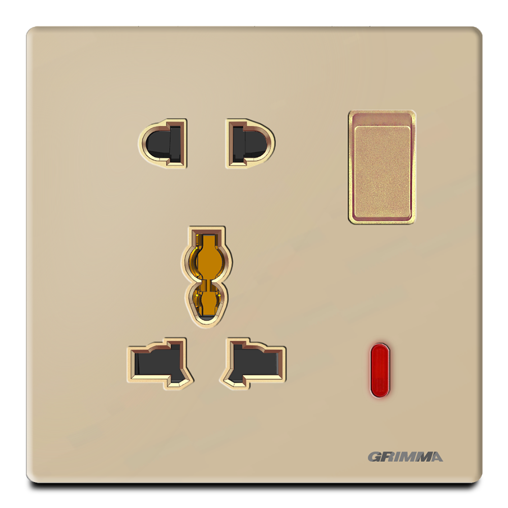 Ổ cắm 2 chấu, 3 chấu có đèn báo, mặt kính cường lực, màu vàng gold - Grimma G60GKSK23