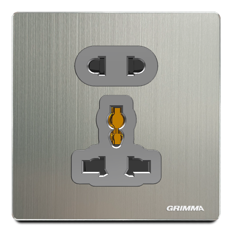 Ổ cắm 2 chấu + 3 chấu đa năng, mặt nhôm, xám - Grimma G52SK23