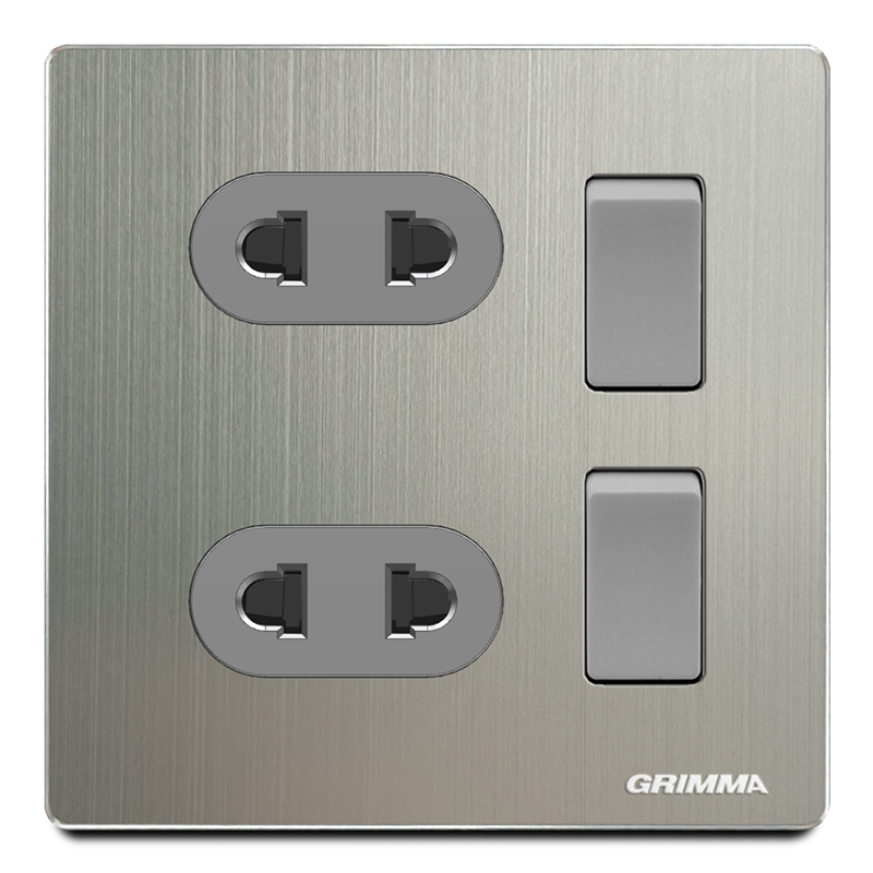 Công tắc đôi 2 chiều + ổ cắm đôi 2 chấu, mặt nhôm, xám - Grimma G52K22SK2