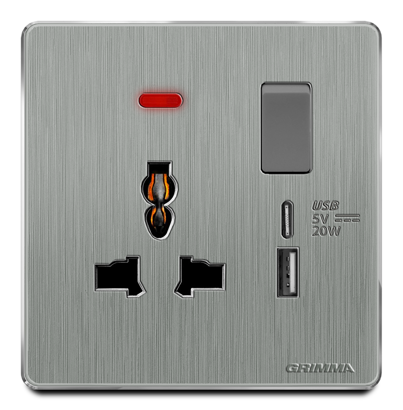 Bộ ổ cắm 3 chấu có đèn báo + USB type C 20W Grimma G20USB