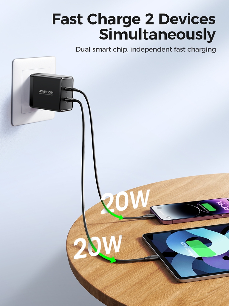 Củ sạc 40W TCF09 Joyroom 2 cổng sạc Type C dùng cho điện thoại Samsung, iPhone