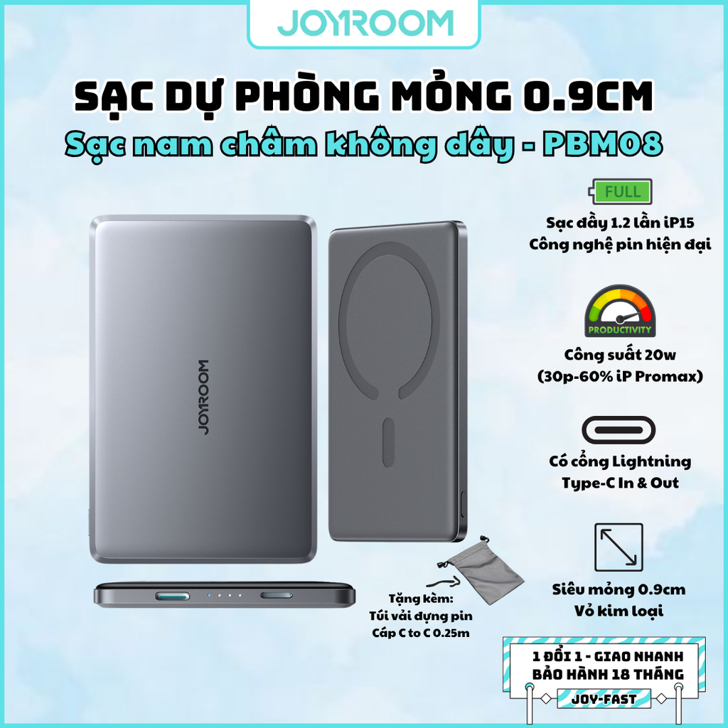 Sạc dự phòng mỏng 20W Joyroom PBM08 ultra thin metal magnetic wireless charging dùng cho điện thoại không dây iPhone, Samsung