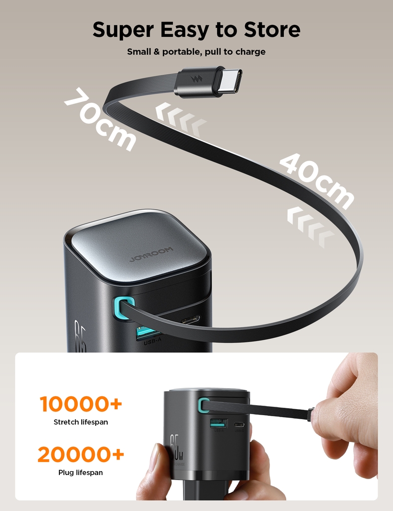 Củ sạc nhanh Joyroom 65W dây rút gọn tích hợp TCL02 GaN Charger with Retractable Cable