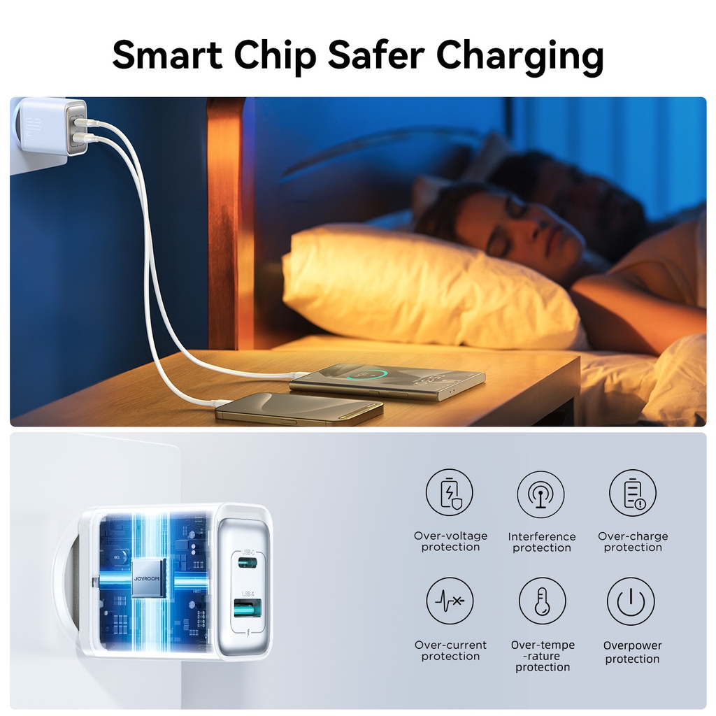 Củ sạc 30W TCF15 Joyroom 2 cổng sạc USB và C dùng cho điện thoại Samsung, iPhone