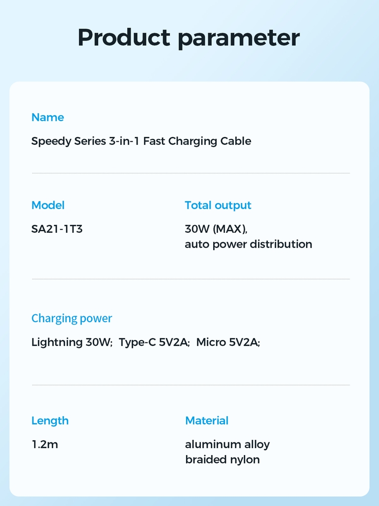 Cáp sạc Joyroom 30W SA21-1T3 Speedy Series 3-in-1 Fast Charging Cable (Type-C to L+C+M) 1.2m-Black