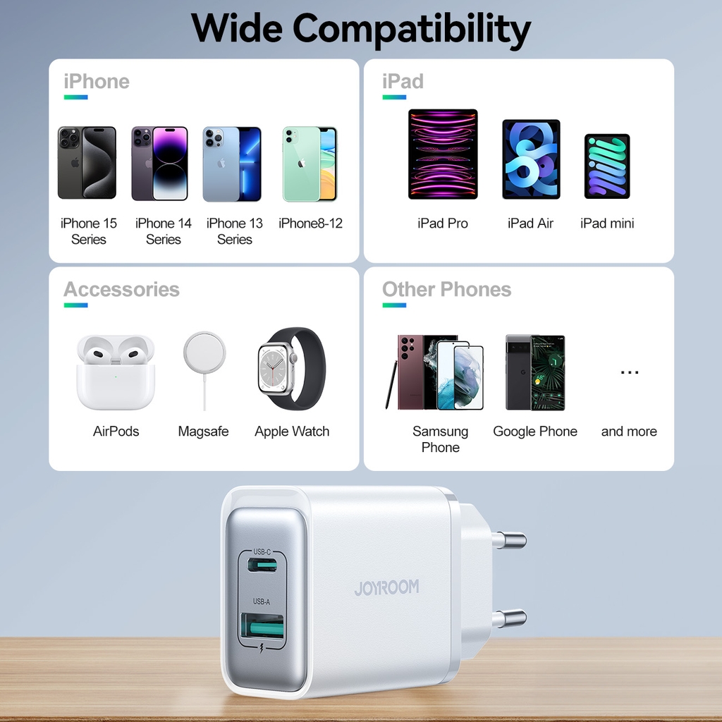 Củ sạc 30W TCF15 Joyroom 2 cổng sạc USB và C dùng cho điện thoại Samsung, iPhone