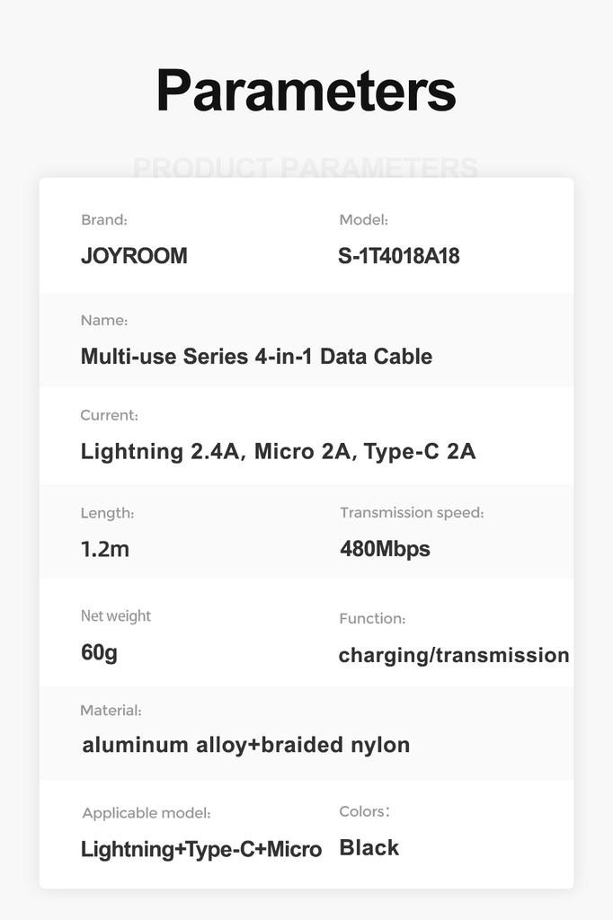 Cáp sạc 4 in 1 Joyroom 1T4018A18 Multi Use 3.5A USB to TypeC*2+Lightning+Micro truyền dữ liệu dài 1.2m