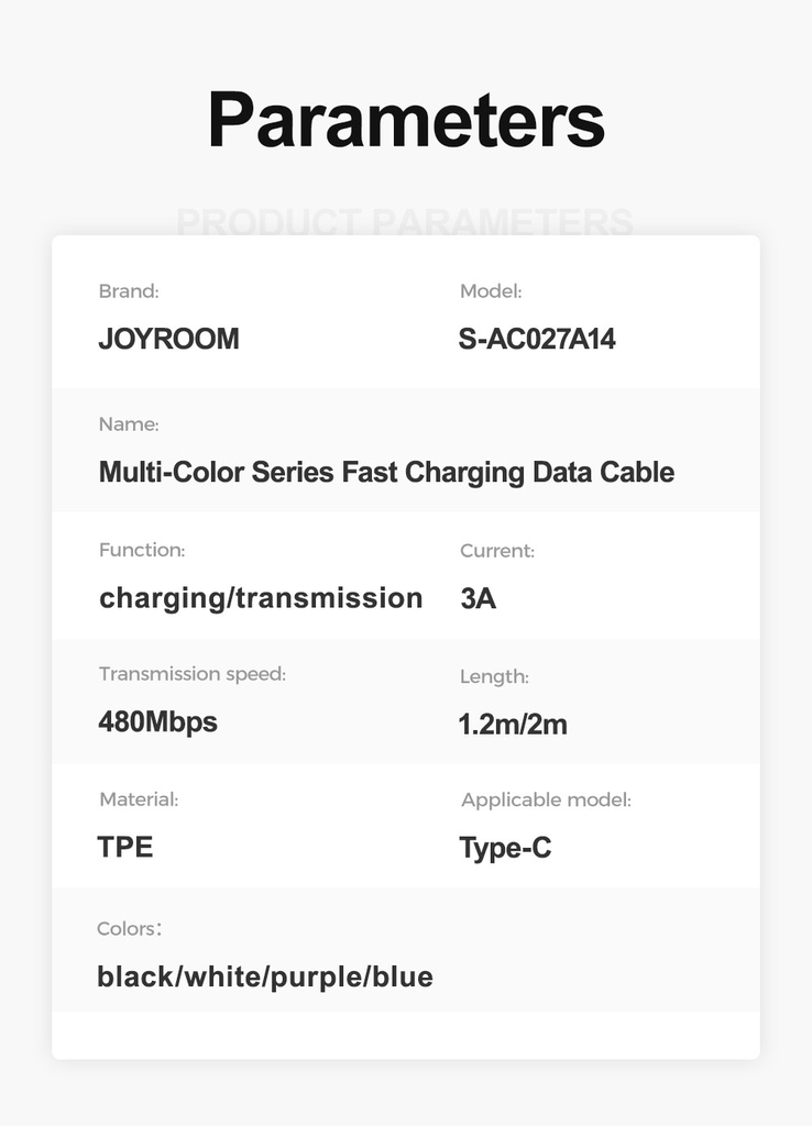 Cáp sạc Joyroom AC027A14 Multi Color Series 3A USB to Type C sạc nhanh truyền dữ liệu với nhiều màu sắc và kích thước 1M/2M