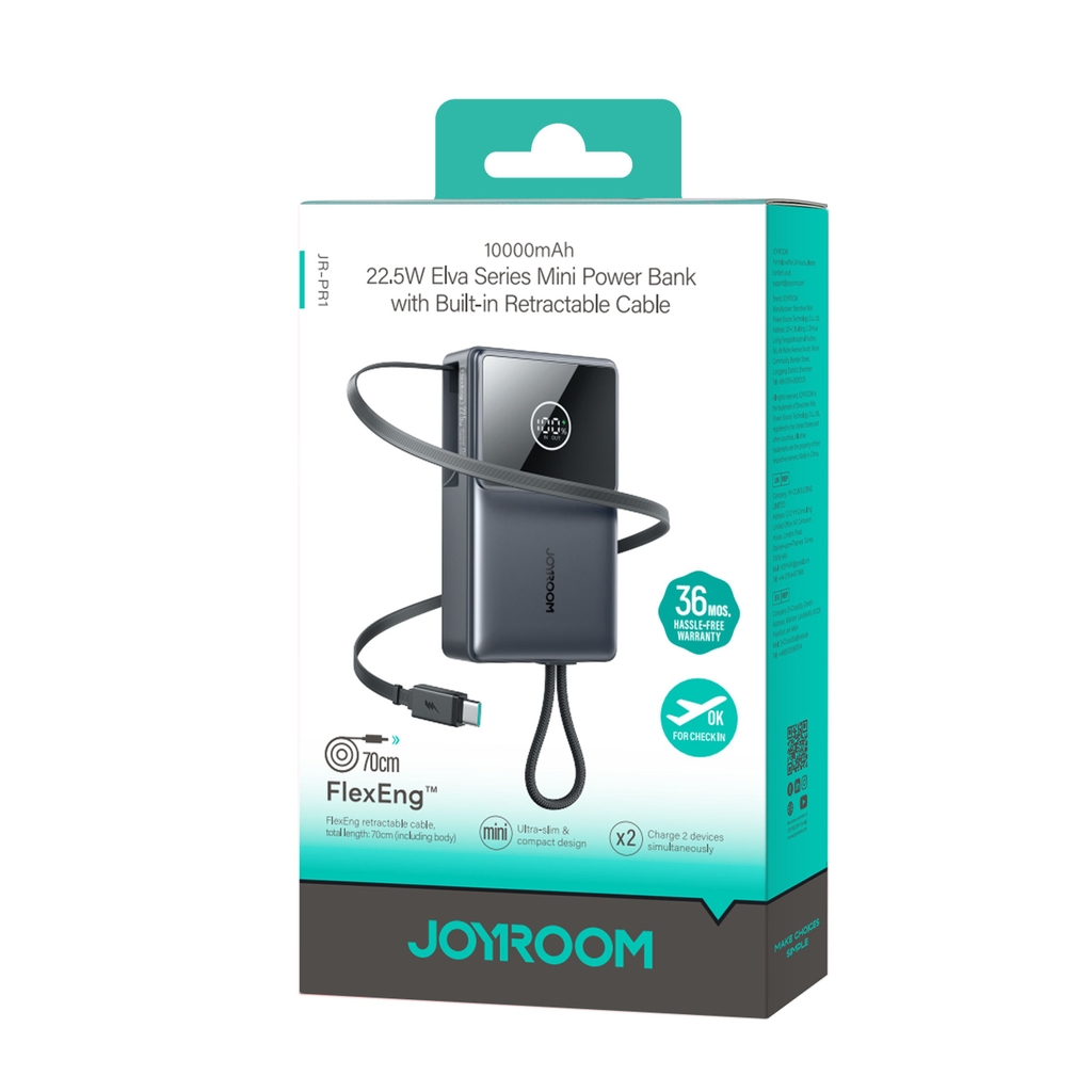 Sạc dự phòng Joyroom PR1 sạc nhanh 22.5W dung lượng 10000mAh tích hợp dây sạc rút di động gọn nhẹ