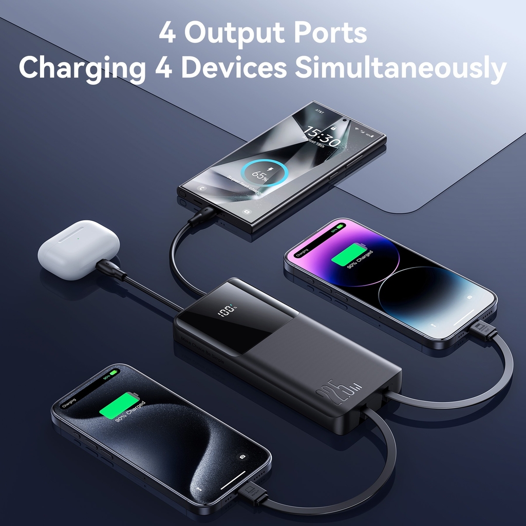 Sạc dự phòng sạc nhanh 22.5W Joyroom PBF19 sử dụng cho điện thoại iPhone, Samsung có màn hình hiển thị và tích hợp 2 cáp sạc