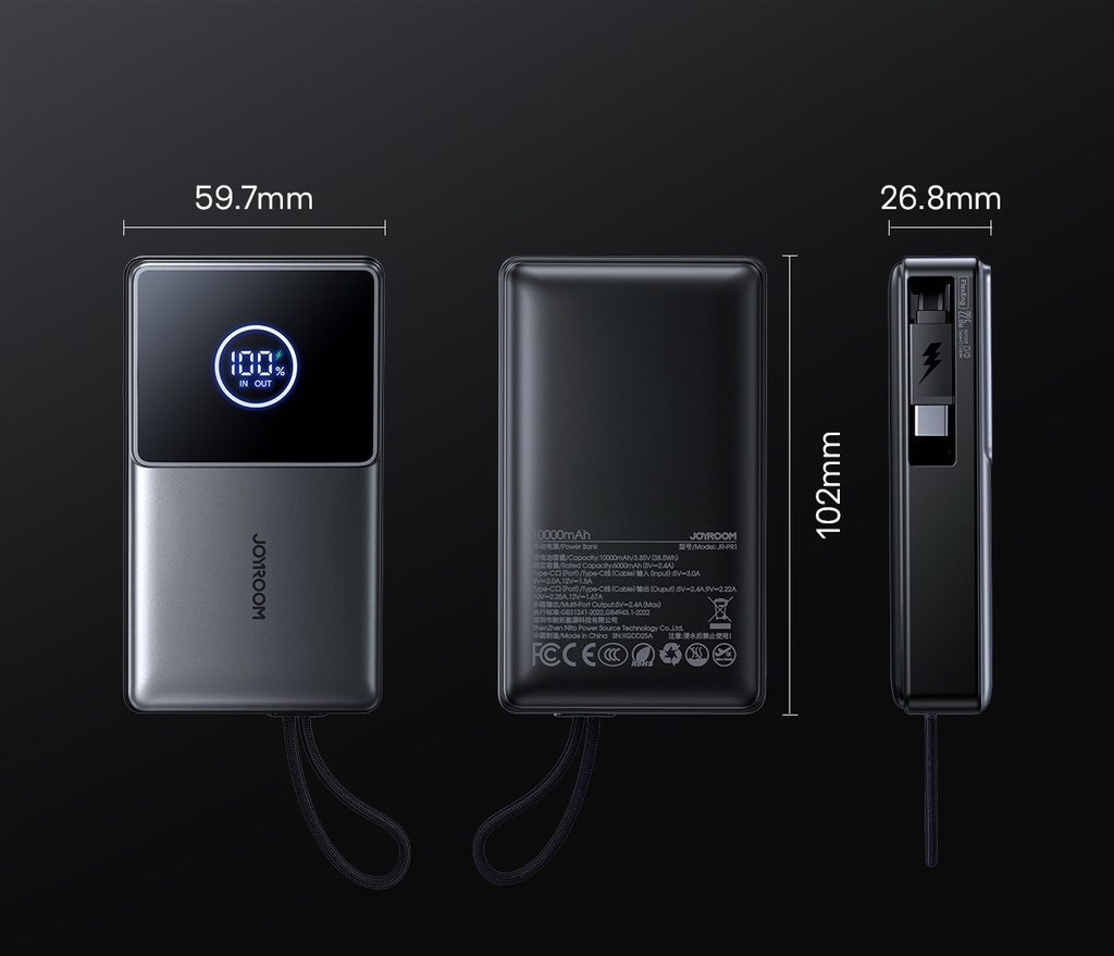Sạc dự phòng Joyroom PR1 sạc nhanh 22.5W dung lượng 10000mAh tích hợp dây sạc rút di động gọn nhẹ