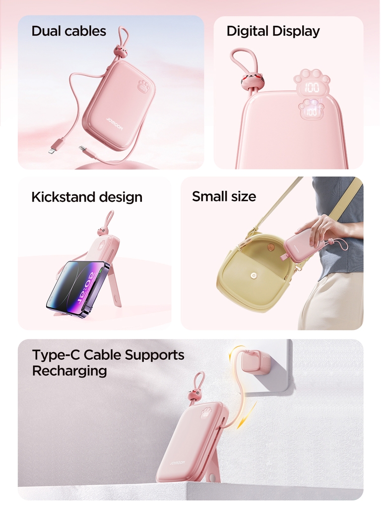 Sạc dự phòng iPhone Joyroom Cuties 22.5W Plus 20000mAh tích hợp 2 dây sạc USBC + iPhone