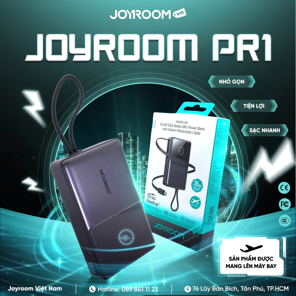 Sạc dự phòng dây rút Joyroom PR1 sạc nhanh 22.5W 10000mAh chứng nhận CCC-FCC-CE