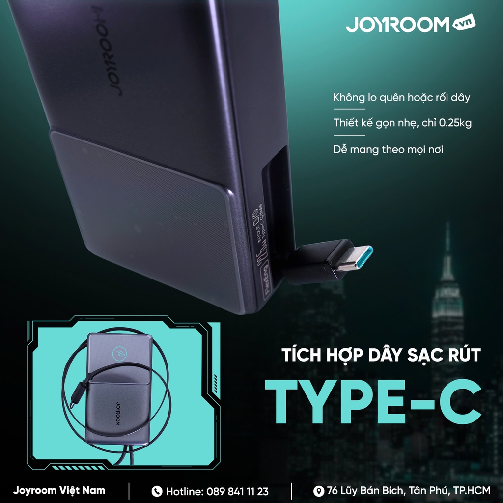 Sạc dự phòng dây rút Joyroom PR1 sạc nhanh 22.5W 10000mAh chứng nhận CCC-FCC-CE