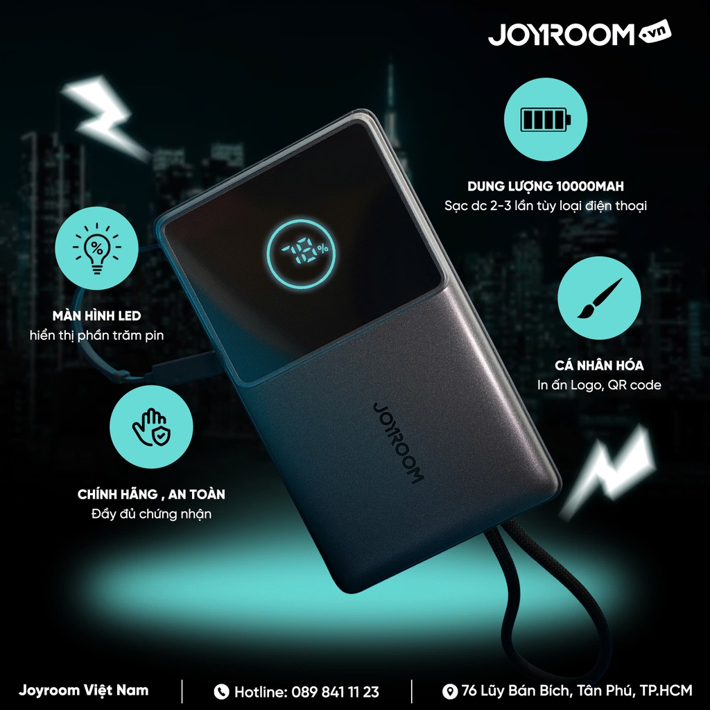 Sạc dự phòng dây rút Joyroom PR1 sạc nhanh 22.5W 10000mAh chứng nhận CCC-FCC-CE