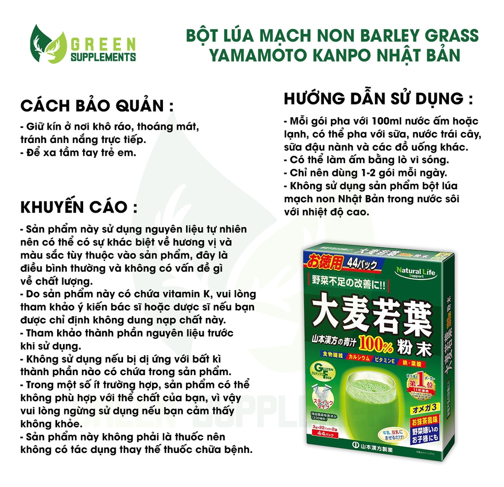 Bột Lúa Mạch Non Barley Grass Nguyên Chất Yamamoto Kanpo Nhật Bản