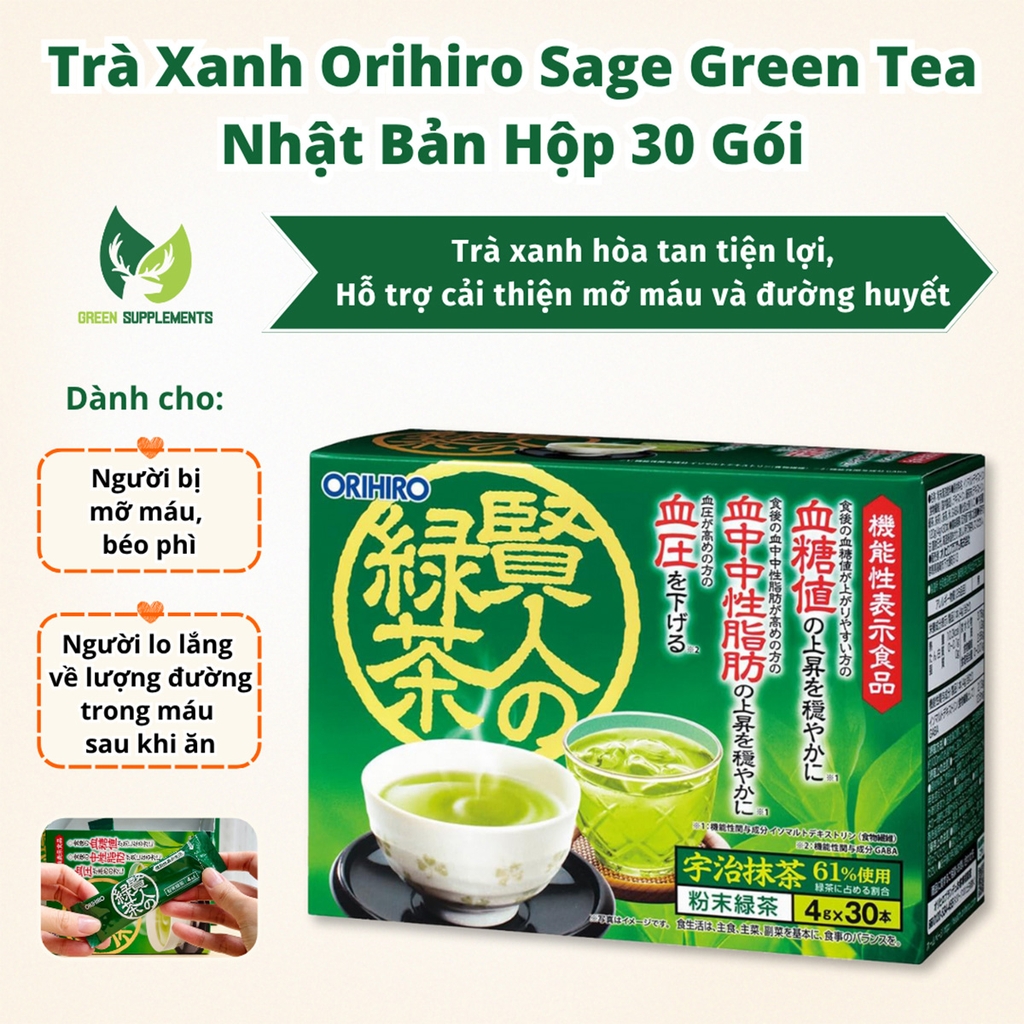 Trà Xanh Orihiro Sage Green Tea Cải Thiện Mỡ Máu Và Đường Huyết Hộp 30 Gói
