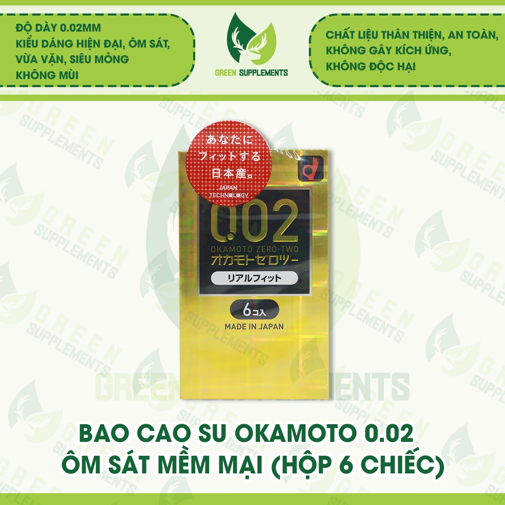 Bao Cao Su Okamoto 0.02 Real Fit Ôm Sát Mềm Mại (Hộp 6 Chiếc)