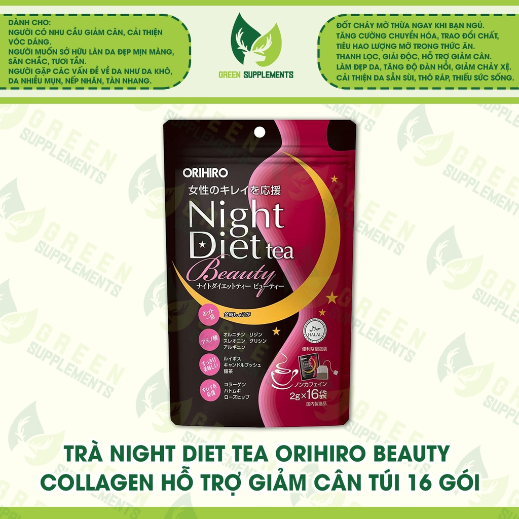 Trà Night Diet Tea Orihiro Beauty Collagen Hỗ Trợ Giảm Cân Túi 16 Gói