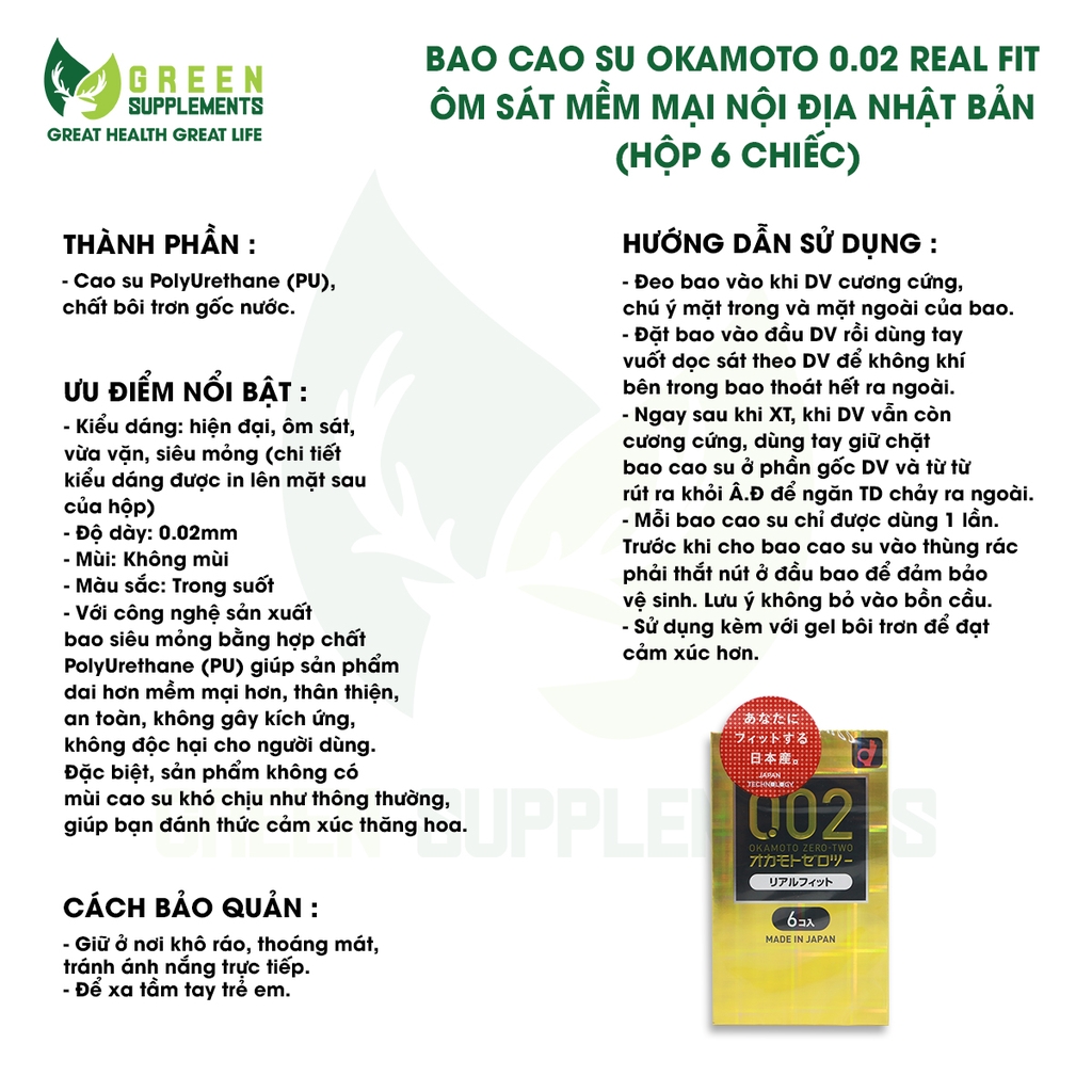 Bao Cao Su Okamoto 0.02 Real Fit Ôm Sát Mềm Mại Nội Địa Nhật Bản (hộp 6 chiếc)