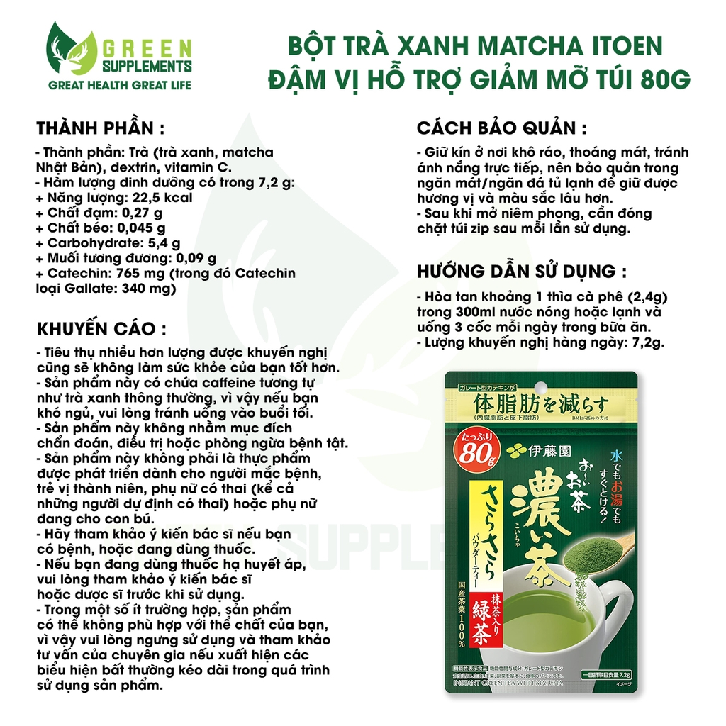 Bột Trà Xanh Matcha Itoen Đậm Vị Hỗ Trợ Giảm Mỡ Túi 80g