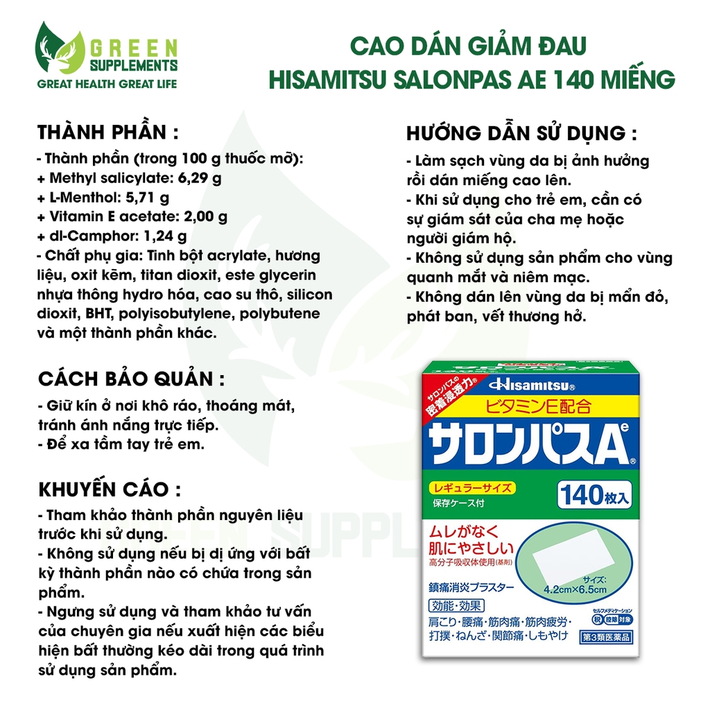 Cao Dán Giảm Đau Hisamitsu Salonpas Ae 140 Miếng