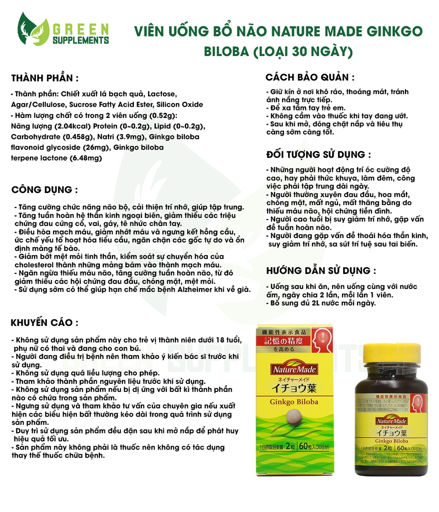 Viên Uống Bổ Não Nature Made Ginkgo Biloba (loại 30 ngày)