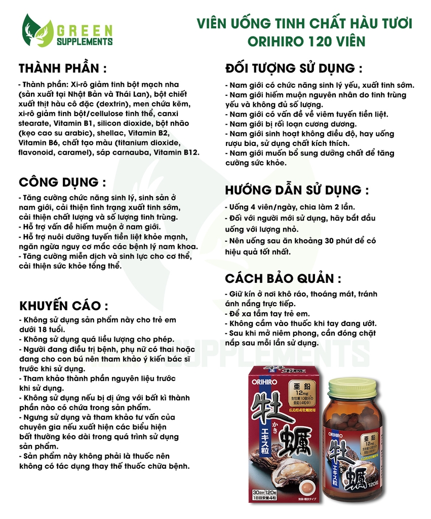 Viên Uống Tinh Chất Hàu Tươi Orihiro Hỗ Trợ Sinh Lý 120 Viên