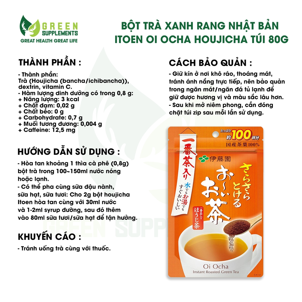 Bột Trà Xanh Rang Nhật Bản Itoen Oi Ocha Houjicha Túi 80g