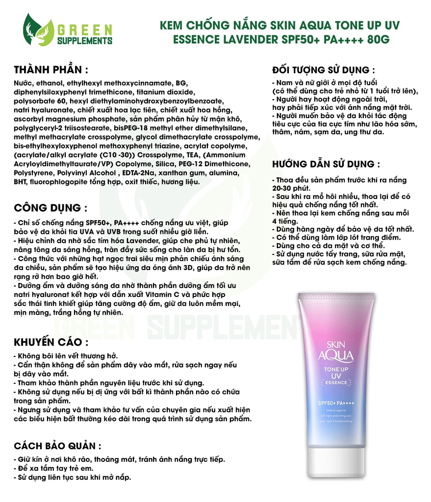 Kem Chống Nắng Skin Aqua Tone Up UV Essence Lavender SPF50+ PA++++ 80g