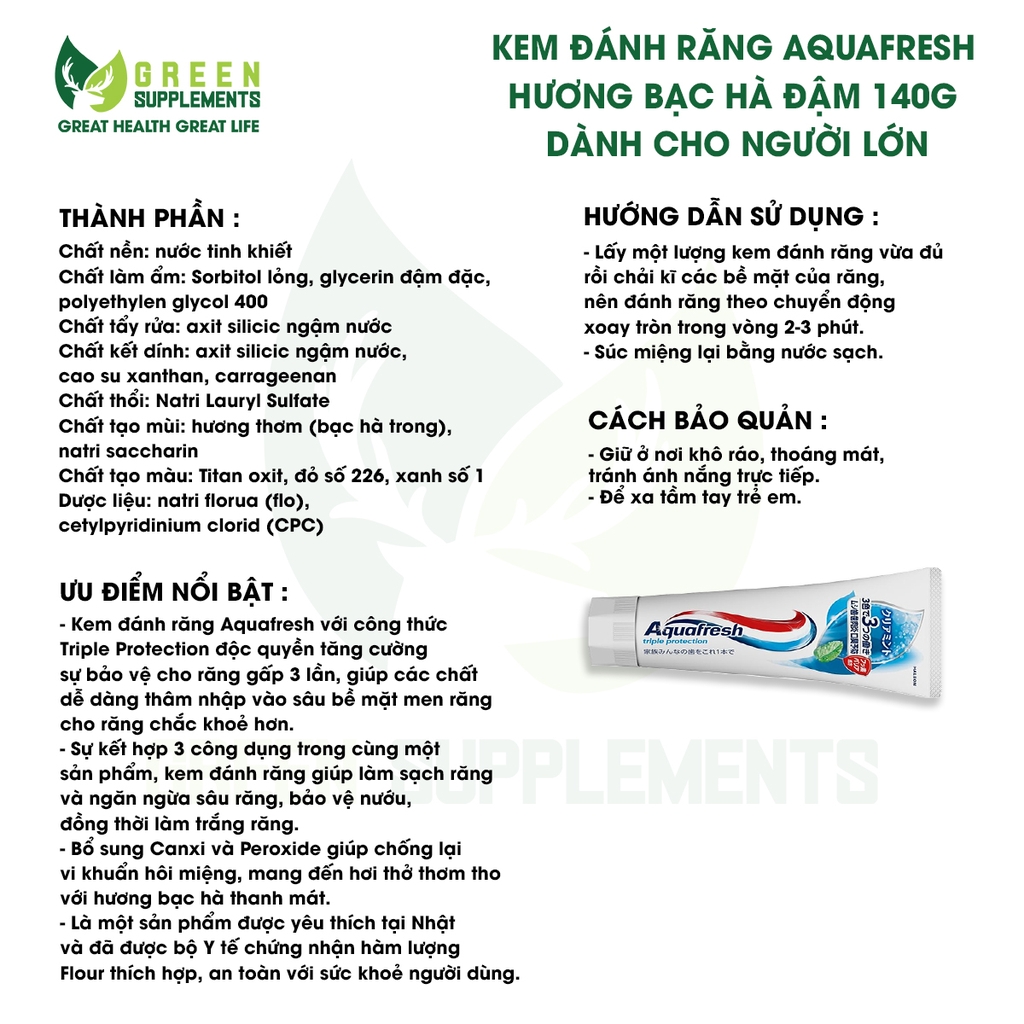 Kem Đánh Răng Aquafresh Hương Bạc Hà Đậm 140g Dành Cho Người Lớn
