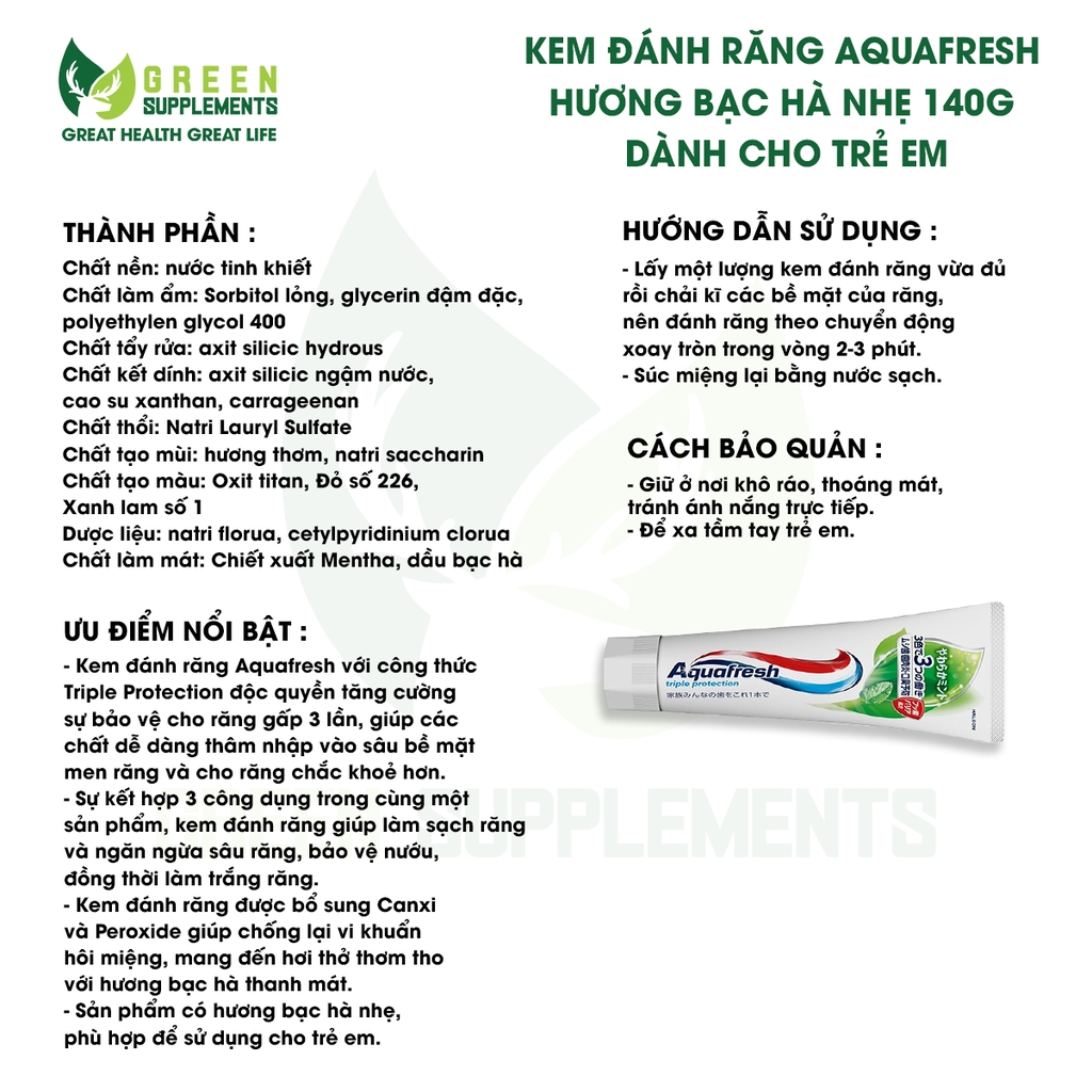 Kem Đánh Răng Aquafresh Hương Bạc Hà Nhẹ 140g Dành Cho Trẻ Em
