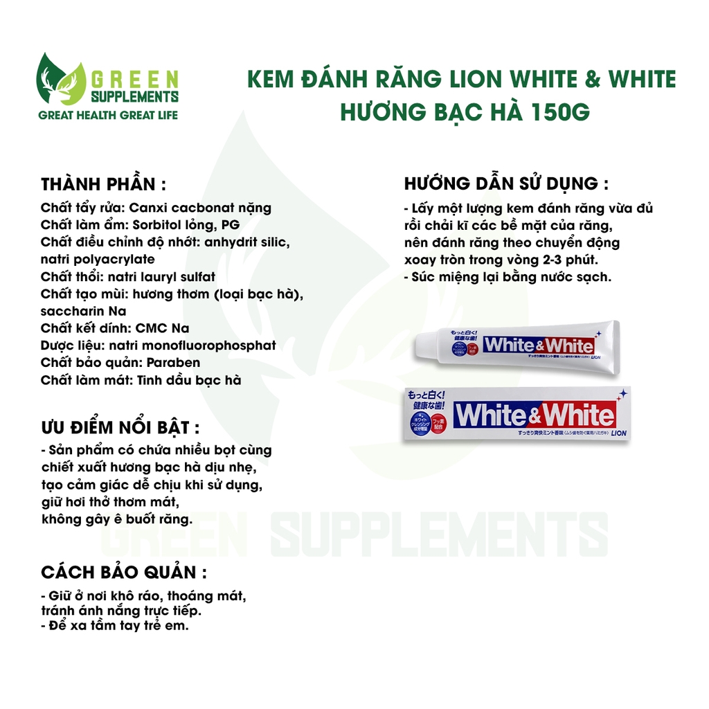 Kem Đánh Răng Lion White & White Hương Bạc Hà 150g