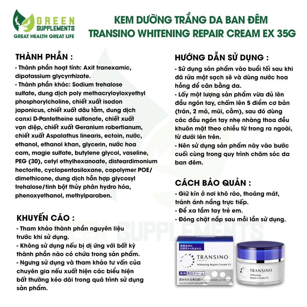 Kem Dưỡng Trắng Da Ban Đêm Transino Whitening Repair Cream EX 35g