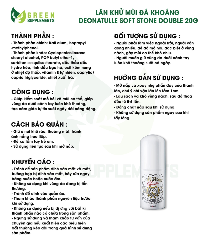 Lăn Khử Mùi Đá Khoáng Deonatulle Soft Stone Double 20g