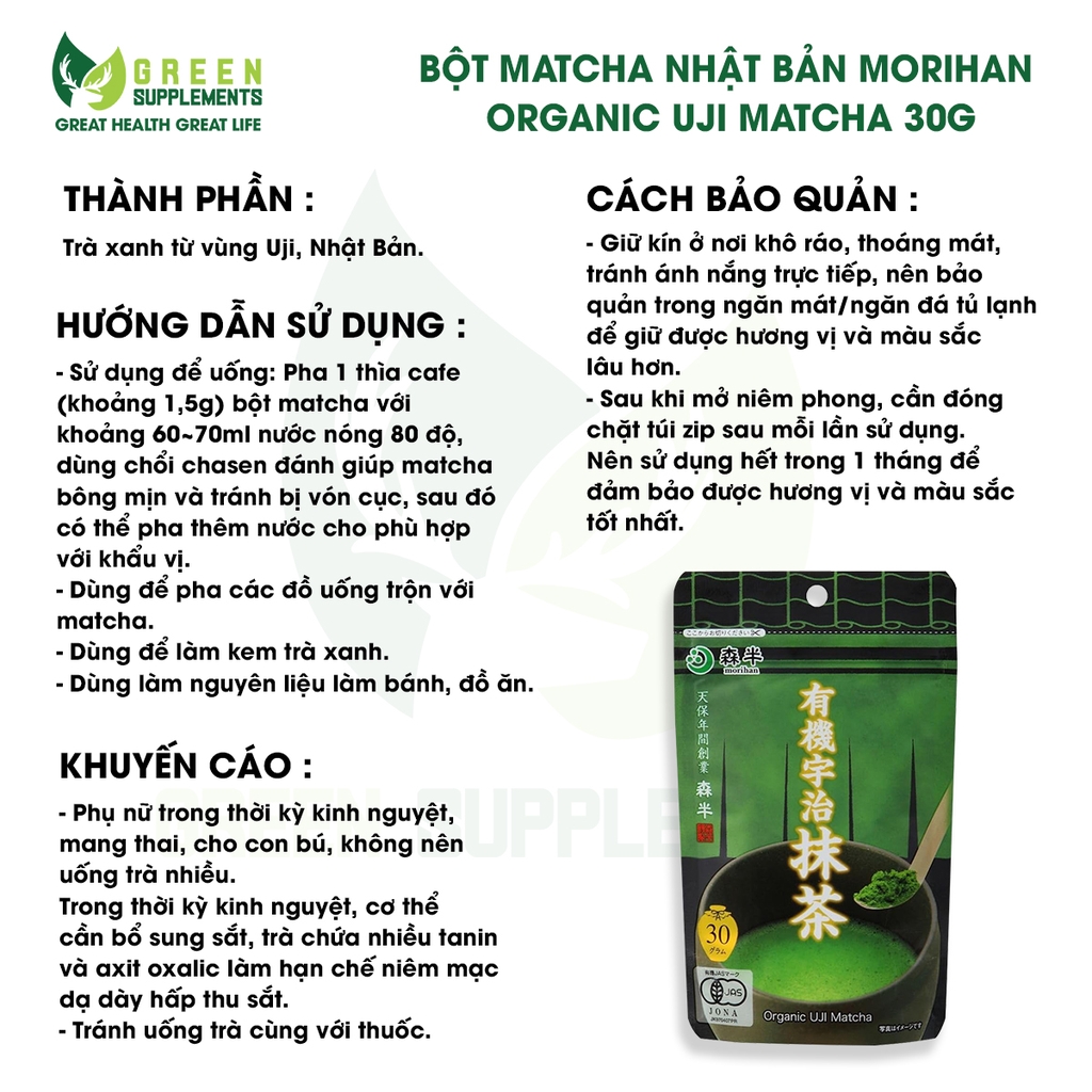 Bột Matcha Nhật Bản Morihan Organic Uji Matcha 30g