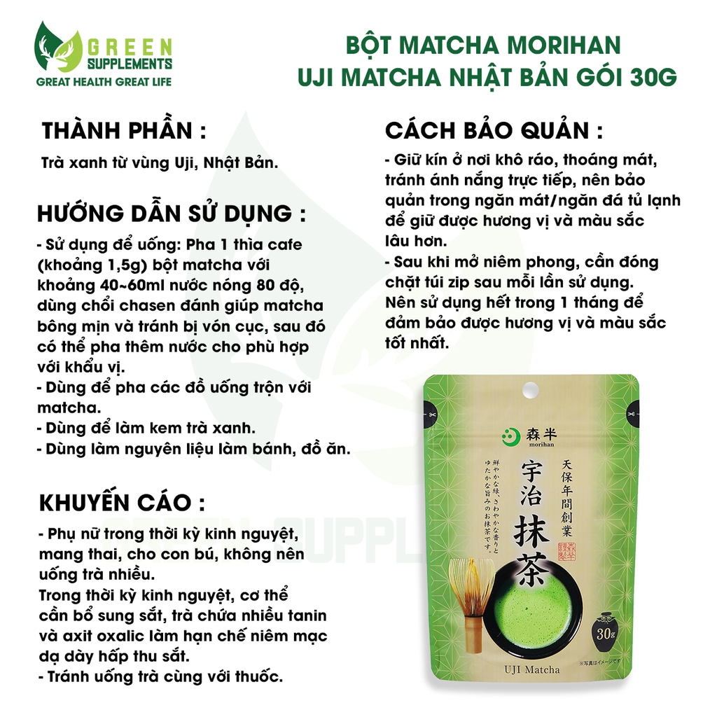 Bột Matcha Morihan Uji Matcha Nhật Bản Gói 30g