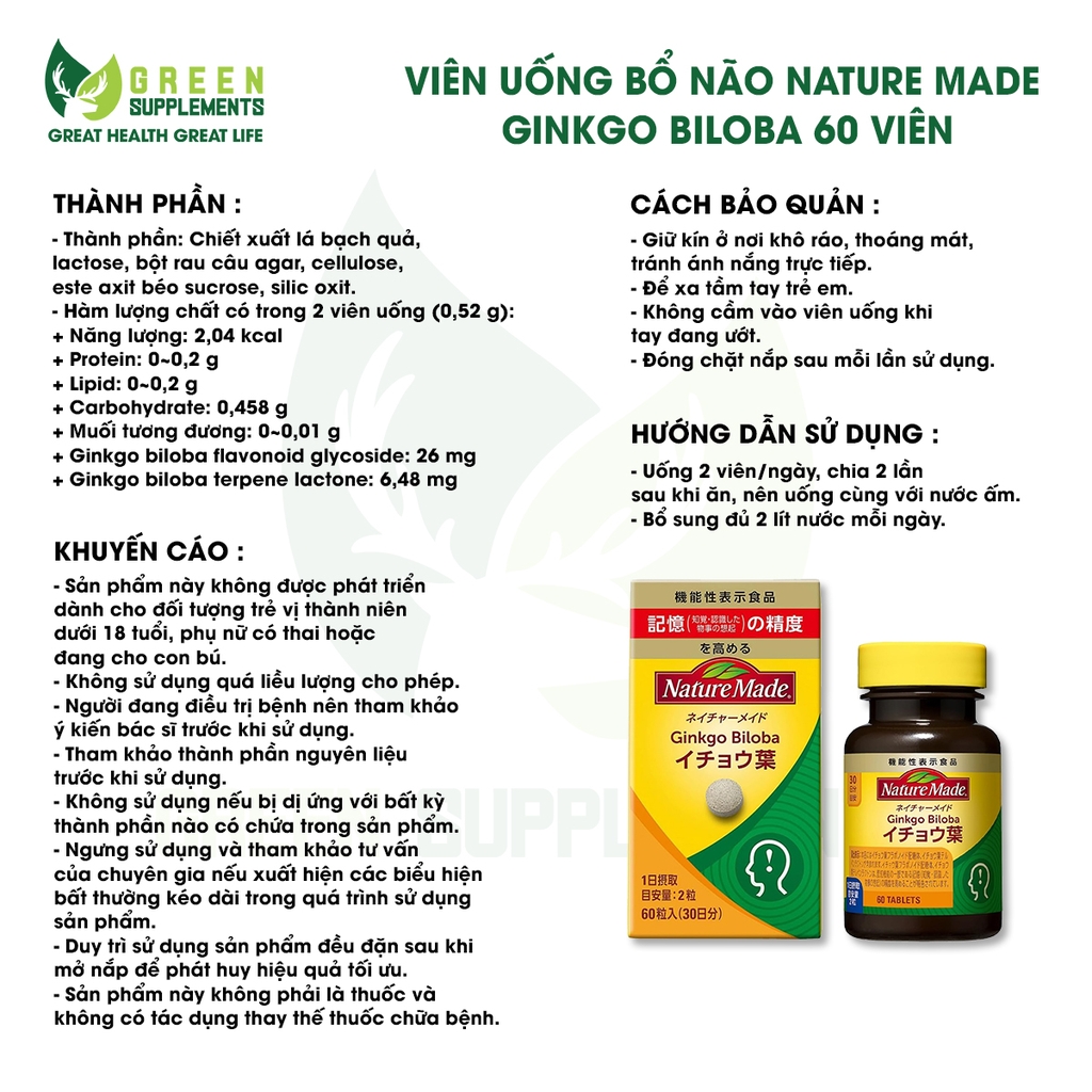 Viên Uống Bổ Não Nature Made Ginkgo Biloba 60 Viên