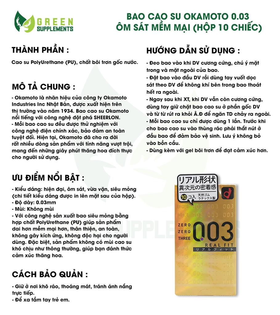 Bao Cao Su Okamoto 0.03 Real Fit Ôm Sát Mềm Mại (Hộp 10 Chiếc)