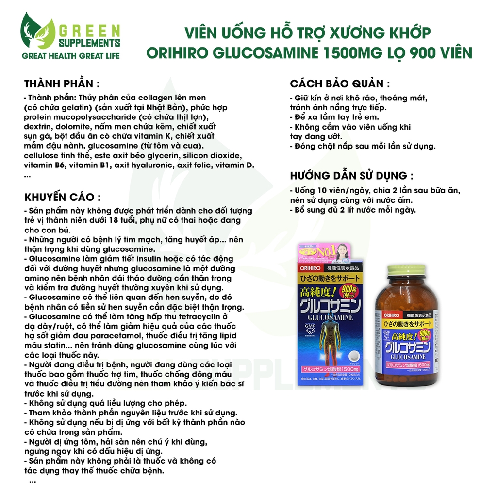 Viên Uống Hỗ Trợ Xương Khớp Orihiro Glucosamine 1500mg Lọ 900 Viên