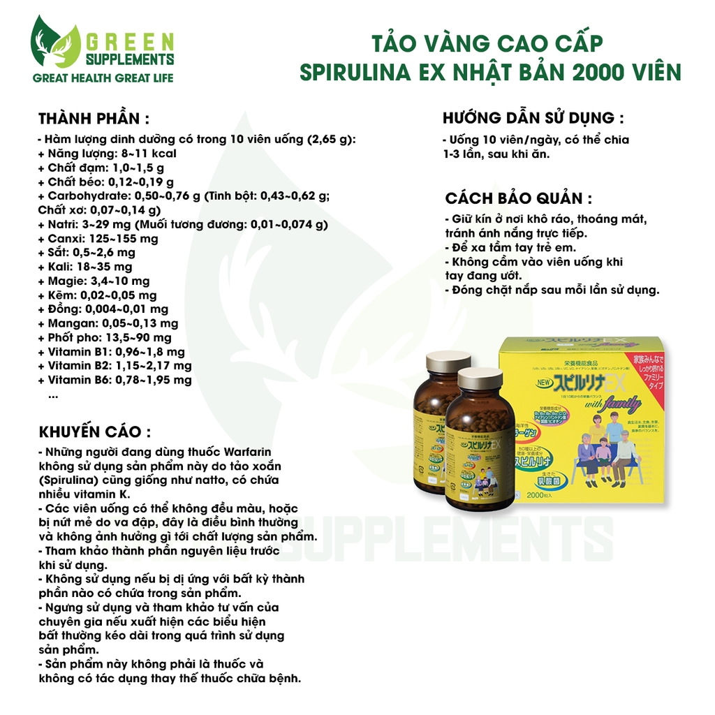 Tảo Vàng Cao Cấp Spirulina EX Nhật Bản 2000 Viên